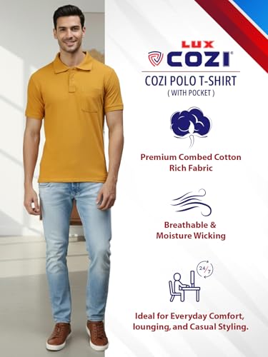 Image of Lux Cozi Men's T-Shirt with Chest Pocket | Polo T-Shirt for Man | Plain Casual Stylish | Half Sleeve| Cotton Blend Collar Polo T-Shirts for Men