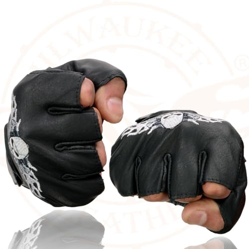 Image of Milwaukee Leather SH198 Men's Black Flame Embroidered Fingerless Gloves with Gel Palm | Padded Comfort; Vibration Relief; Flame Embroidery