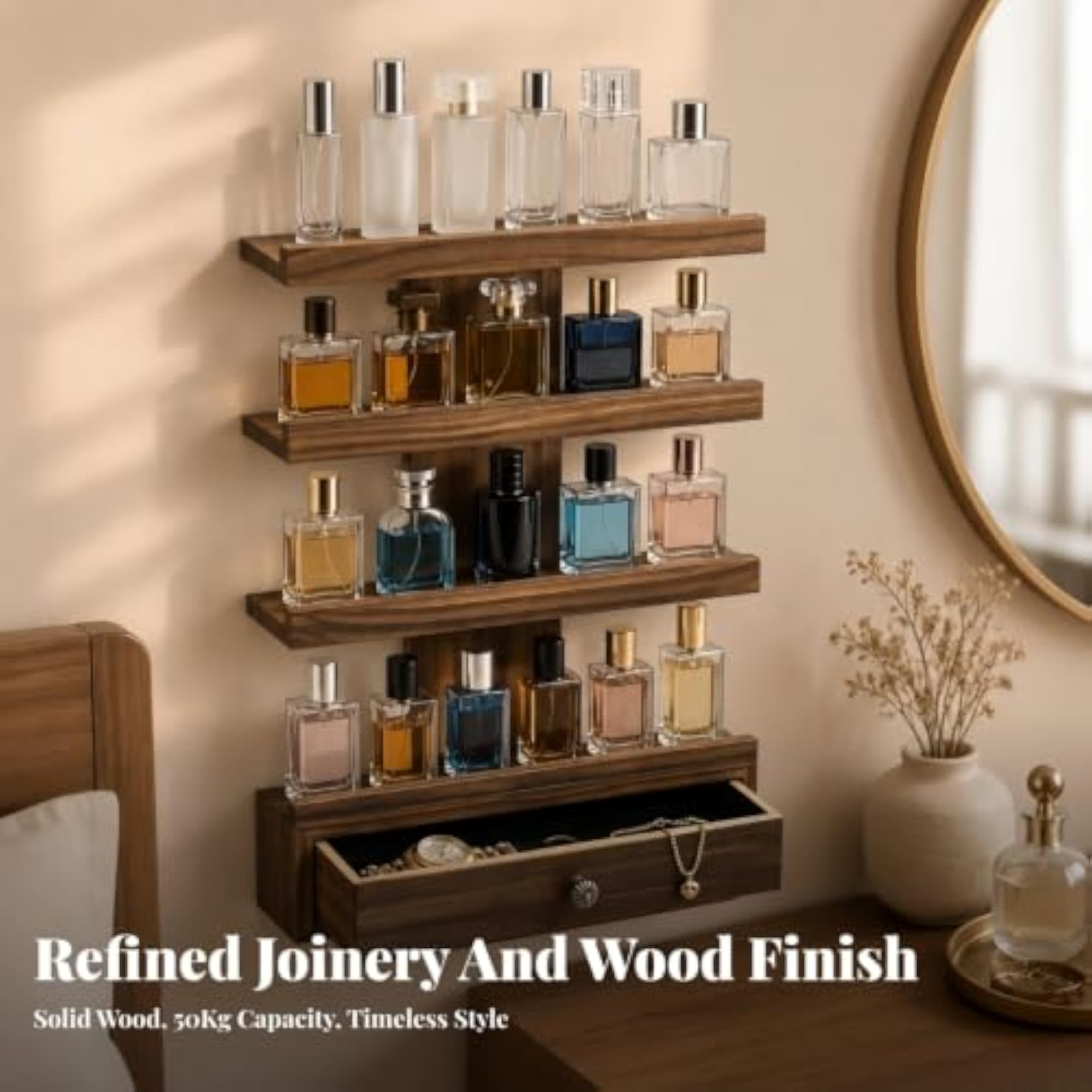 Solid-Wood Wall Organizer with Drawer for Perfume Display