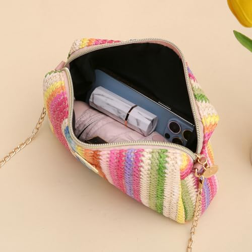 Women’s Straw Tote Bag Rainbow Striped Casual Beach Shoulder Bag Summer Vacation Straw Crossbody Bag Purse 20253