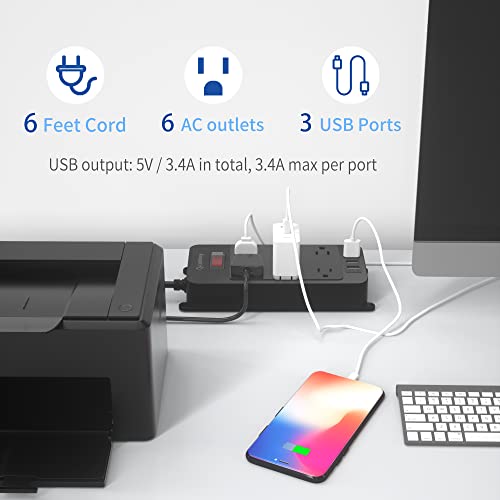 Outdoor Power Strip Weatherproof, 6 Outlets Waterproof Surge Protector With 3 Usb Ports, 6 Ft Extension Cord, Shockproof Overload Protection, Wall Mountable For Home Office Patio Porch, Black #TOP6