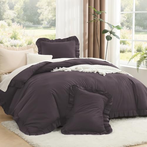 Image of Litanika Ruffle Full Comforter Sets, 3 Pieces Purple Farmhouse Aesthetic Bedding Comforter Sets for Girls Women Kids, All Season Soft Lightweight Fluffy Bedding Set(79x90In Comforter, 2 Pillowcases)