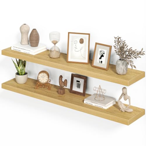 Heimlove Floating Shelves for Wall 48 Inches Long,9.3" Deep Oak Floating Shelf Set of 2,Wall Mounted Wood Shelves for Bathroom Bedroom Living Room Kitchen Office,Shelf for Books Storage Room Decor