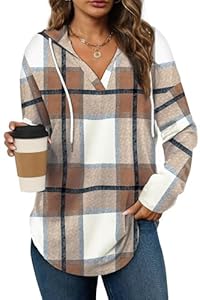 Cuptacc Hoodie Damen Pullover Herbst Farbblock Kapuzenpullover Damen Mit Kordelzug V Ausschnitt Sweatshirt Oversized Braunes Plaid Groß L 42-44