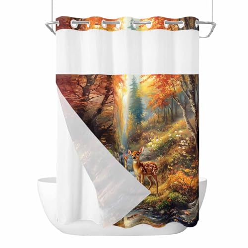 BOHOOSKYLAR Autumn Nature No Hook Shower Curtain with Snap in Liner Scenery Forest Deer River Tree Rock Waterproof Bathroom Shower Curtain with See Through Top Window for Bathtub 48
