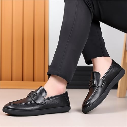 Men's Top Grain Leather Business Casual Loafers Genuine Leather Soft Leather British Style Mid Age Dad Shoes(7.5)3