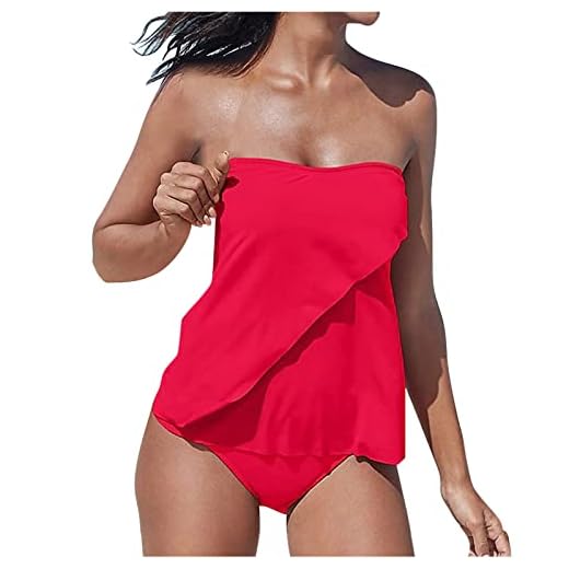 Tankinis de couleur unie pour femme - Coupe ample - Maillot de bain deux pièces sans bretelles avec bandoulière amovible, Rouge, L(96,52 cm-101,60 cm)