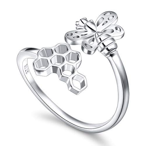 Honeycomb Bee Ring for Women S925 Sterling Silver Adjustable Wrap Open Ring