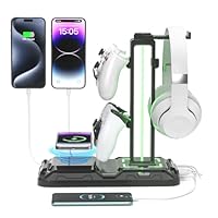 KDD Headphone Stand - Rotatable Controller Holder with Wireless Charging & 9 Light Modes, Gaming Headset Stand with 2 USB and Type C Ports - Controller Stand for Gamers Desktop Accessories (Black)