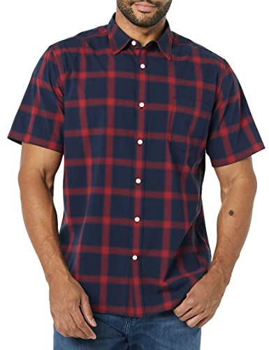 Amazon Essentials Men's Slim-Fit Short-Sleeve Poplin Shirt, Navy Red Buffalo Plaid, X-Large