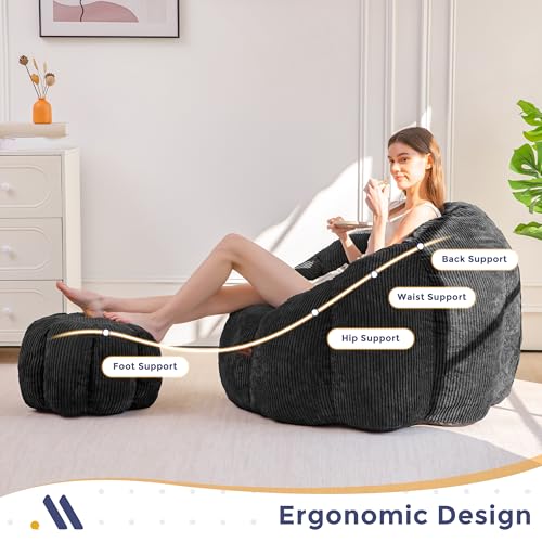 Image of MAXYOYO Giant Bean Bag Chair with Ottoman, Pumpkin-Shaped Bean Bag Sofa with Footstool, Oversized Boneless Couch Chair in a Box, Comfy and Lazy Lounge for Dorm, Living Room, Bedroom, Black
