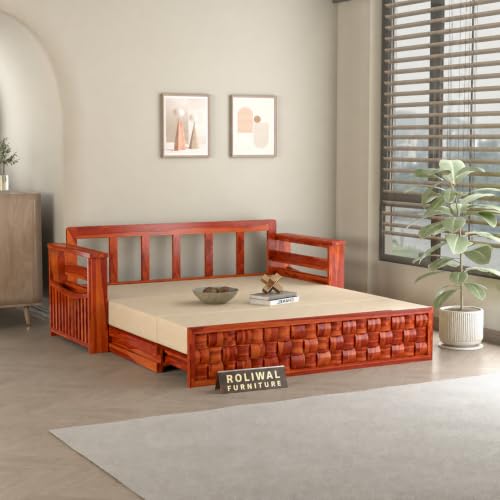 Image of Solid Sheesham Wood Sofa Cums Bed with Mattress & Storage | Rosewood Convertible Sofa Bed for Living Room & Bedroom (G-Honey, 3 Seater)