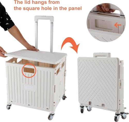 Foldable Utility Cart Folding Portable Rolling Crate Handcart with Durable Heavy Duty Plastic Telescoping Handle Collapsible 4 Rotate Wheels for Travel,Shopping, Luggage, Office, Teacher(White) - Image 8