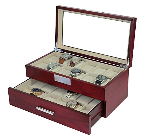Timelybuys 24 Xl Oversized Extra Large Cherry Wood Watch Box Display Case 2 Level Storage Jewelry Organizer With Glass Top, Stainless Steel Accents, And Drawer For Luxury Big Face Watches #TOP3