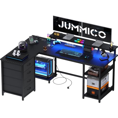 JUMMICO 155cm Mesa en Forma L con Luces LED, Escritorio de Esquina Ordenador para Home Office, Mesa Gaming con Estantes de Almacenamiento, Esquina Reversible y Estructura Estable, Negro Carbón