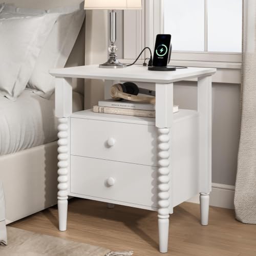 Image of JOINICE White Nightstand with Charging Station, Jenny Lind Spindle Style | Bedside Table for Bedroom, Living Room, Kids Room, End Table with 2 Large Drawers Solid Wood Legs, Easy Assembly