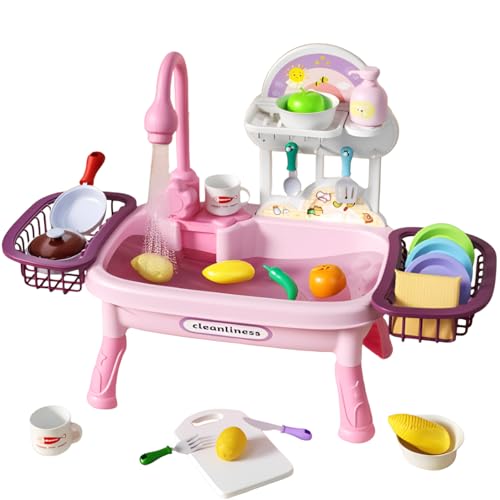 Play Sink with Running Water For Toddlers,Pretend Kitchen Toys for Kids with Tableware Accessories,Vegetable,Fruit,Pretend Role Dishwasher,Gifts for Boys Girls(Pink)