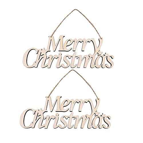 Creaides 2pcs Christmas Wood Signs Wooden Merry Christmas Hanging Sign DIY Block Words Decorative Signs for Wreath Home Door Wall Art Decorations (11x4.1 In)