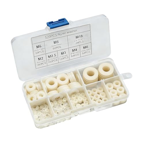 MOERAE 500 unidades de lavadoras de nailon blanco, M2 M10, juego de varios tamaños, alta resistencia, resistente a la abrasión, respetuoso con el medio ambiente, con caja organizadora de polipropileno