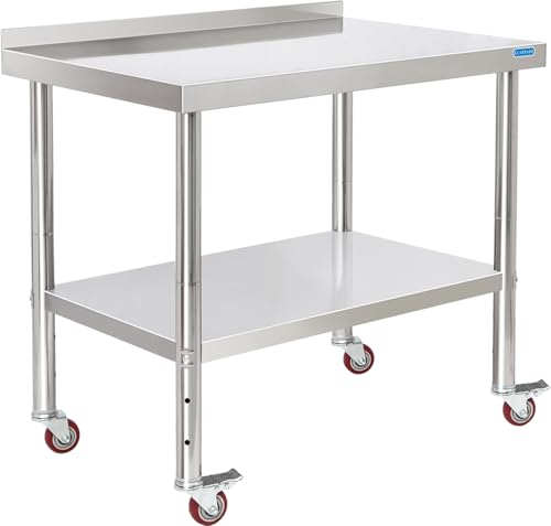 KUARBARR Stainless Steel Table for Prep &amp; Work with 4 Caster Wheels with Backsplash 24 x 36 NSF Metal Commercial Kitchen Adjustable Under Shelf Worktable for Restaurant Home Outdoor