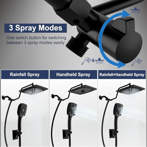 Image of ELLO&ALLO Rain Shower Head with Handheld Spray, Rainfall Shower Head Combo with 60 inch Hose, Dual Showerhead Set with Adjustable Shower Extension Arm, Matte Black