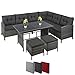 Produktbild Montafox Poly Rattan Ecklounge 7 Personen Eckbank Tisch 2 Hocker Sitzkissen 5cm Gartengarnitur Grau Sitzgruppe Ecksofa Terrasse Sitzecke Eckgarnitur Garten Wintergarten, Farbe:Nachtschwärmergrau