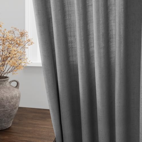Image of Dark Gery Linen Curtains 84 Inches Long for Bedroom Rod Pocket Back Tab Light Filtering Privacy Semi Sheer Curtains Farmhouse Decor Cotton Textured Curtain for Living Room 2 Panels Set 52x84 Inch