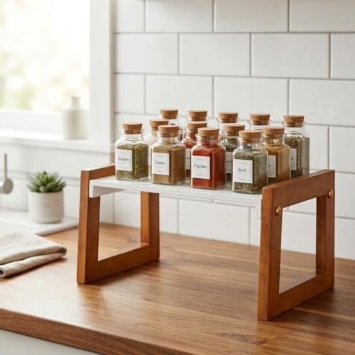 Image of Kitchen Organizer Rack - Multi-Purpose Kitchen Stand for Countertop & Cabinet Storage | Heavy-Duty Kitchen Rack Organizer for Spices, Utensils, Dishes & Pantry Items (Single Tier Brown)