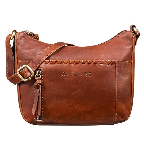 STILORD Nia Damen Umhängetasche Klein Leder Handtasche Frauen zum Umhängen Vintage Kleine Geflochtene Lederhandtasche Lady Elegant Abendtasche Hand Tasche Echtleder Farbe:Porto - Cognac