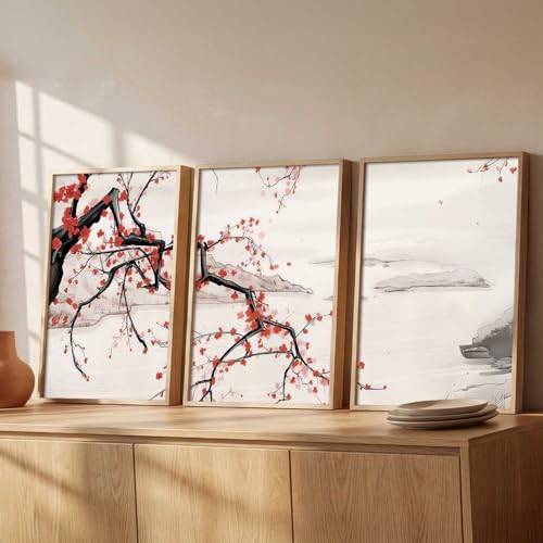 Image of kotart Big Aesthetic Cherry Blossom Tree Wall Framed Posters | Japanese Nature Art Framed Poster for Living Room Bedroom Wall Decor Set Of 3 (14x20 Inch)
