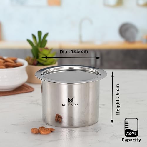 Image of MIKARA Stainless Steel Tope with Lid | Flat Bottom Patila | Heavy Duty Kitchen Cookware| for Gas & Induction Use| Strong, Durable & Multipurpose Cookware. Space Saving (750 ml)