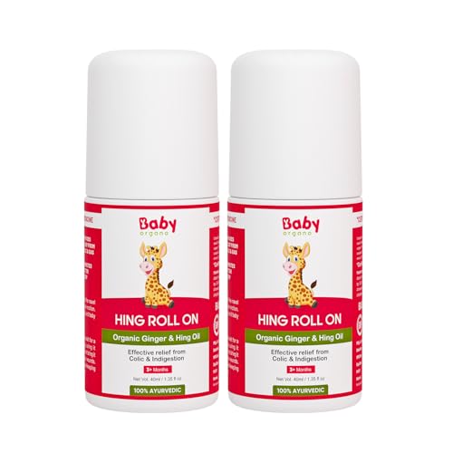 Image of Babyorgano Hing Roll On Effective Quick Relief Tummy Roll On for New Born Kids Colic, Indigestion & Gas Relief with Organic Ginger & Hing Oil Ayurvedic 40ml / 1.35 fl oz Pack of 2