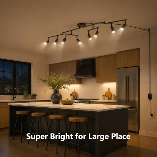 Image of Dimmable Plug in Track Lighting,Plug in Ceiling Light Fixture,Black 8 Light Track Light with 16.4' Long Cord,Dimming Switch,8 Way Ceiling Spotlight,Rotatable,LED Bulbs Included