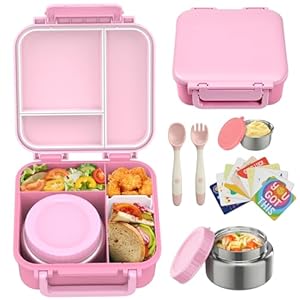 Kids Bento Lunch Box with 9oz Soup Thermo Leakproof Lunch Food Containers 4 Compartment with Insulated Hot Food Jar for Kid Toddler Girls Boys to School, Trvael