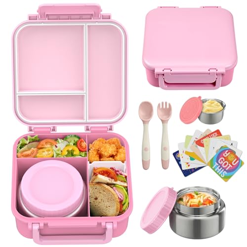 Kids Bento Lunch Box with 9oz Soup Thermo Leakproof Lunch Food Containers 4 Compartment with Insulated Hot Food Jar for Kid Toddler Girls Boys to School, Trvael
