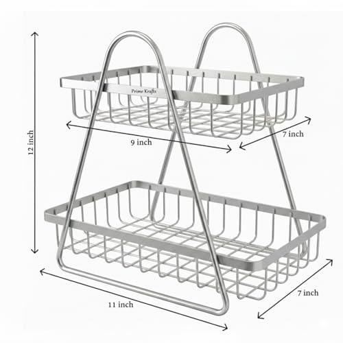 Image of 2 Tier Metal Fruit and Vegetables Basket with Handle|Fruit Vegetables Snacks and Bread Organizer for Kitchen, Dining Table, Livingroom|Bathroom Countertop Basket Stand - Silver