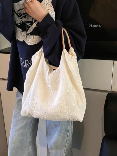 Women's Floral Embroidered Canvas Tote Bag Flower Crossbody Shoulder Bags Summer Hobo Purse Cute Beach Bag for Women3