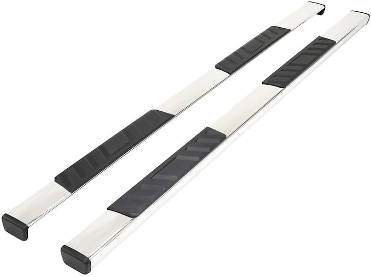 Nerf Bar With Step Pads 4 Inch Trapezoidal Straight Polished Stainless Steel With Plastic End Caps Rocker Panel Mount