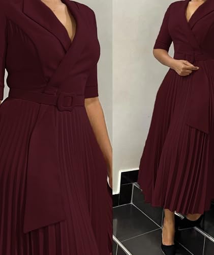 SOMTHRON Women's Elegant 3/4 Sleeve Blazer Dress V Neck Lapel Pleated Business Work Swing Midi Dress with Belt2