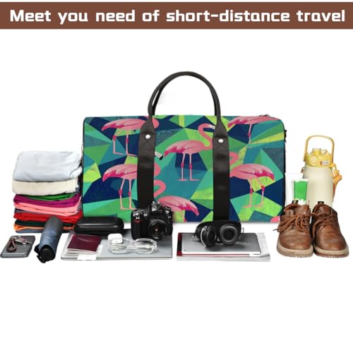 Pink Flamingos Geometric Background Travel Duffel Bag Sports Tote Gym Bag Waterproof Tear-Resistant Carry On Overnight Bag Foldable Weekender Bag for Gym Travel Getaway Beach Sports4