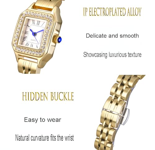 Elegant Gold Square Diamond-Accent Watch for Women - Luxurious Stainless Steel Business Casual Timepiece - Image 5