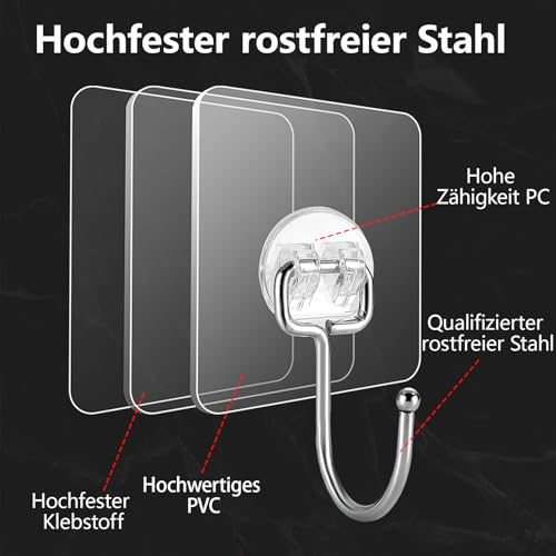 Latoxcaa Große Klebehaken Extra Stark zum Aufhängen Heavy-Duty 20KG(Max) 10 Stück, Klebehaken Transparent und Ablösbar, Wasserdicht und Rostfrei Haken Selbstklebend für Badezimmer