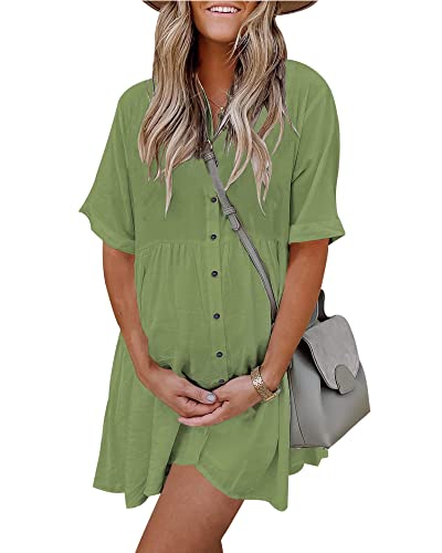 Image of PYGFEMR Women's Short Sleeve Babydoll Dress Button Down Dresses with Pockets