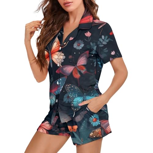 Image of Pjs Womens Short Sleeve Button Down Pajamas Set Two-Piece Nightwear with Pockets