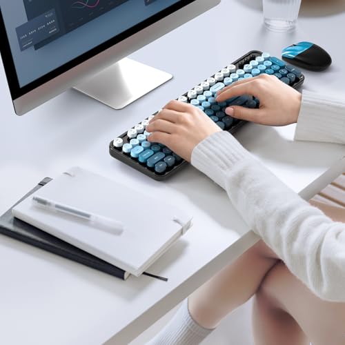 Image of Wireless Keyboard and Mouse Combo, 2.4GHz Gradient Colorful Full-Size Retro Typewriter Keyboard with Wireless Mouse for PC /Desktop /Laptop /Windows (Black Blue)