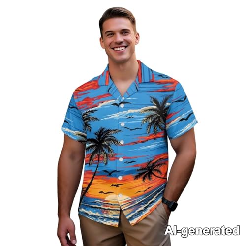 Image of Hawaii Matching Couple Outfits Husband and Wife Clothing Fashionable Mens Casual Shirts Hawaii Dress with Soft Fabric