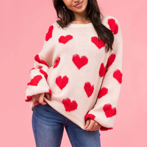 Image of Women's Valentine Love Print Heart Fun Sweater Casual Crewneck Long Sleeve Knit Sweatshirts Pullover Tops