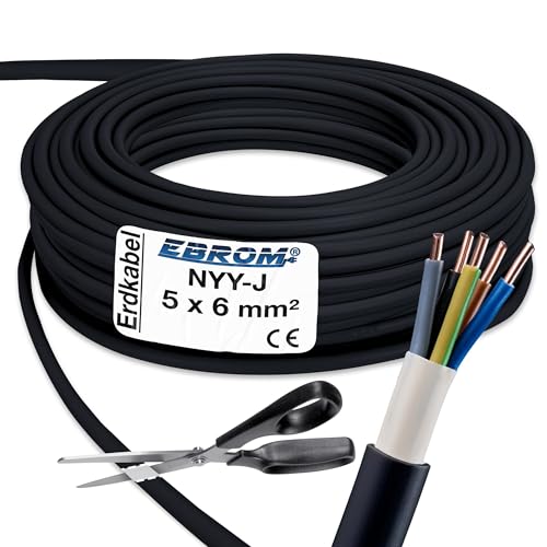 EBROM Erdkabel NYY-J 5x6 mm Starkstromkabel Erdleitung schwarz - 10 m