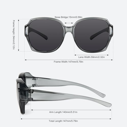 Br'Guras Polarized Sunglasses Fit Over Glasses Sunglasses for Women Men, Trendy Square Fit Over Glasses Lightweight((Transparent grey, Black)4