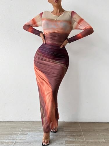 Image of MARZXIN Women Long Sleeve Maxi Dress Bodycon Ruched Formal Slim Fit Tie Dye Dress Formal Mesh Dress